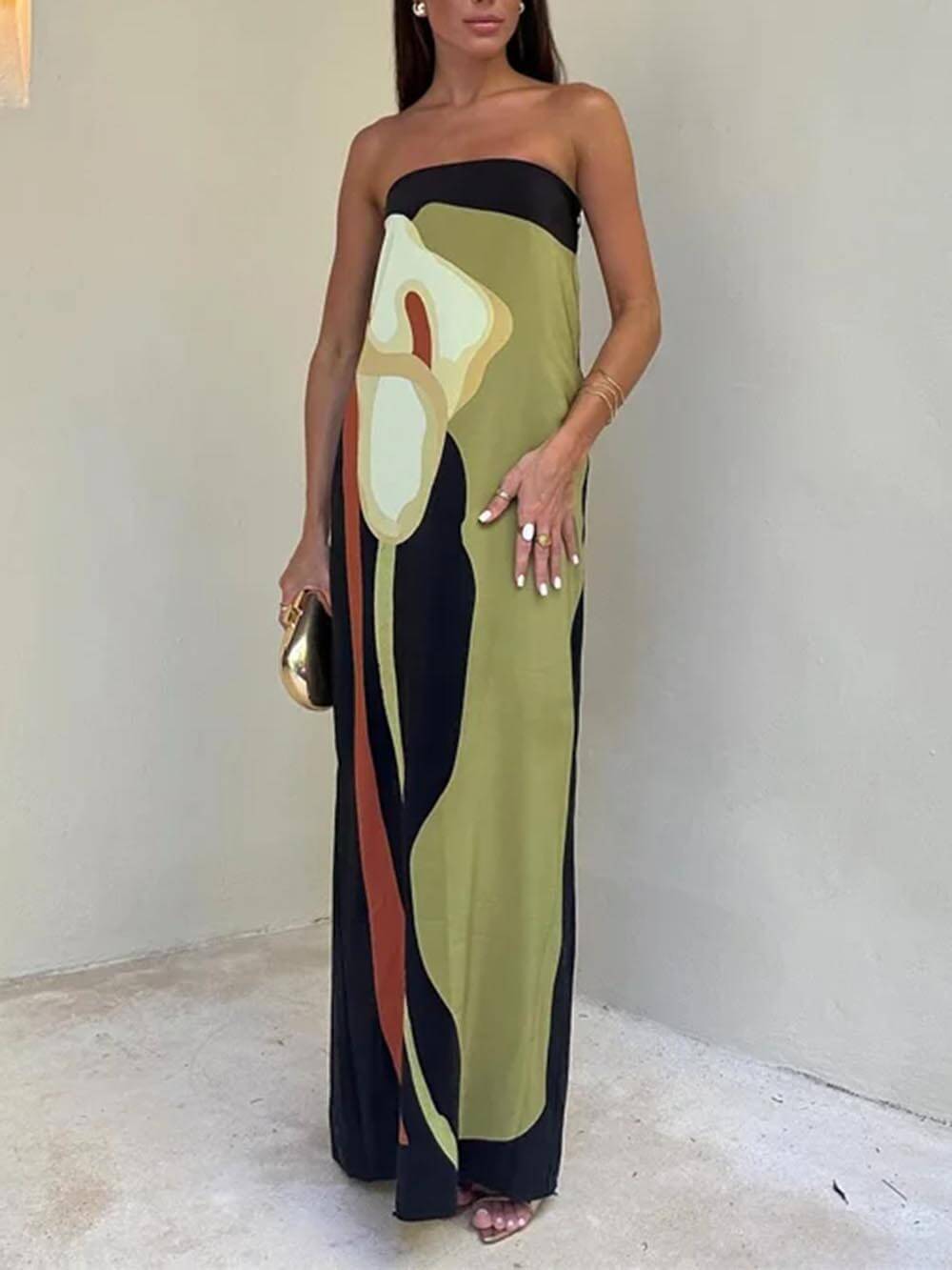 Victoria - Sleeveless Off-Shoulder Printed Maxi Dress