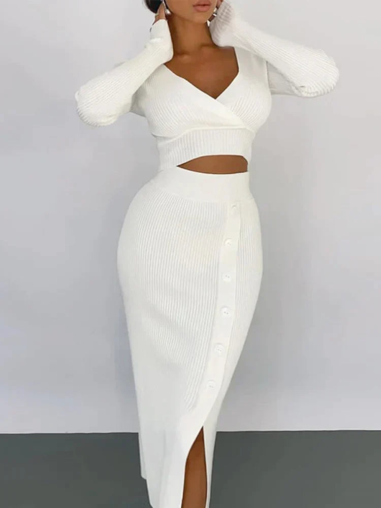 V-Neck Knitted Cropped Top and Midi Skirt Set