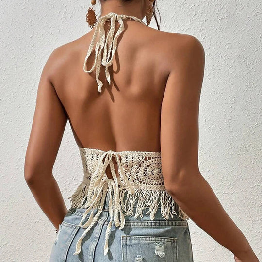 Ismay Top - Knitted Hollow-Out Crop Top with Tassels