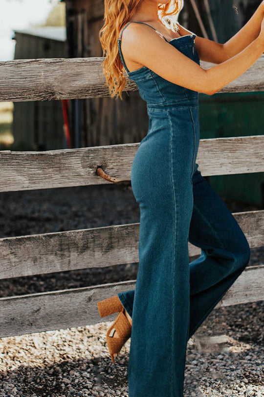 Denim Jumpsuit with Wide Legs and Retro Tube Top Bodice