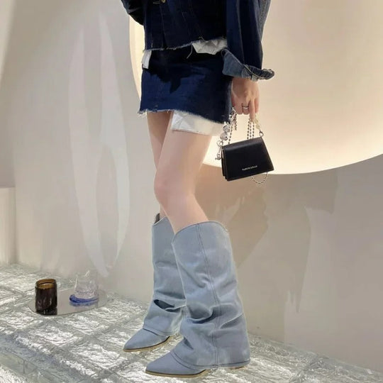 World Of Women - Knee-length denim cowboy boots