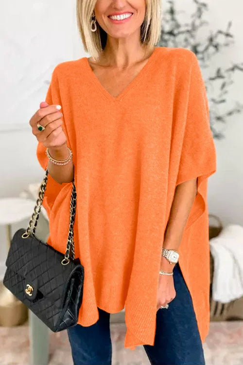 Solid V-Neck Poncho Sweater with Elegant Loose Fit