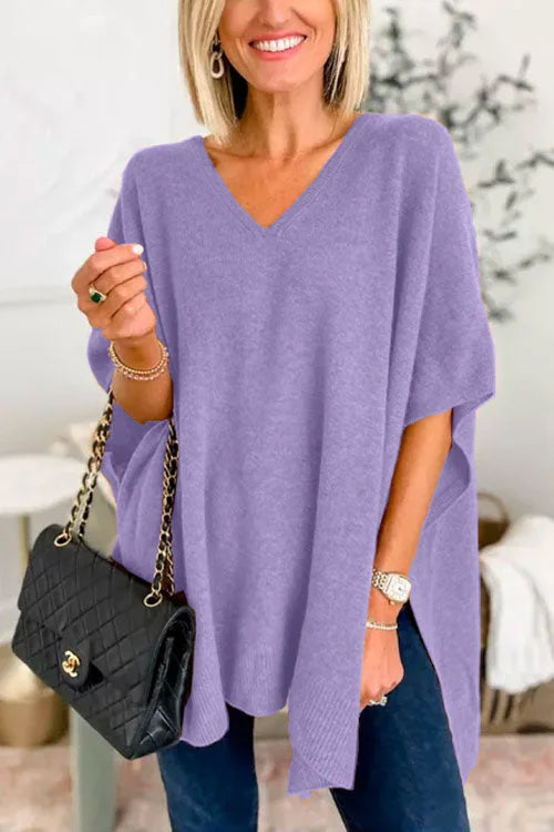 Solid V-Neck Poncho Sweater with Elegant Loose Fit