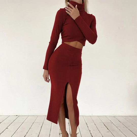 Casual Jumpsuit with Long Sleeve High Neck and High-Waist Skirt with Split