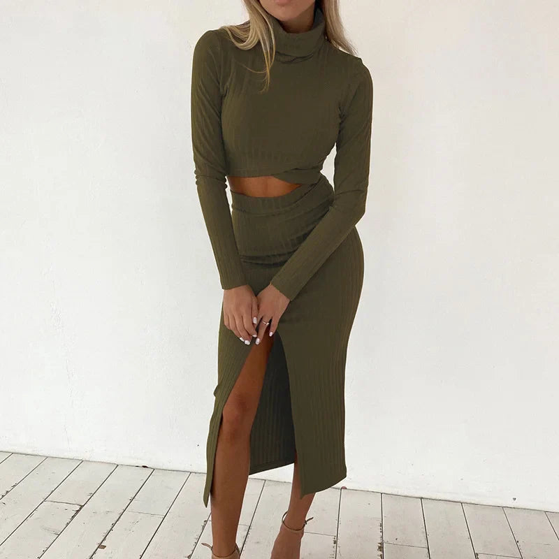 Casual Jumpsuit with Long Sleeve High Neck and High-Waist Skirt with Split