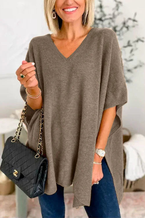 Solid V-Neck Poncho Sweater with Elegant Loose Fit