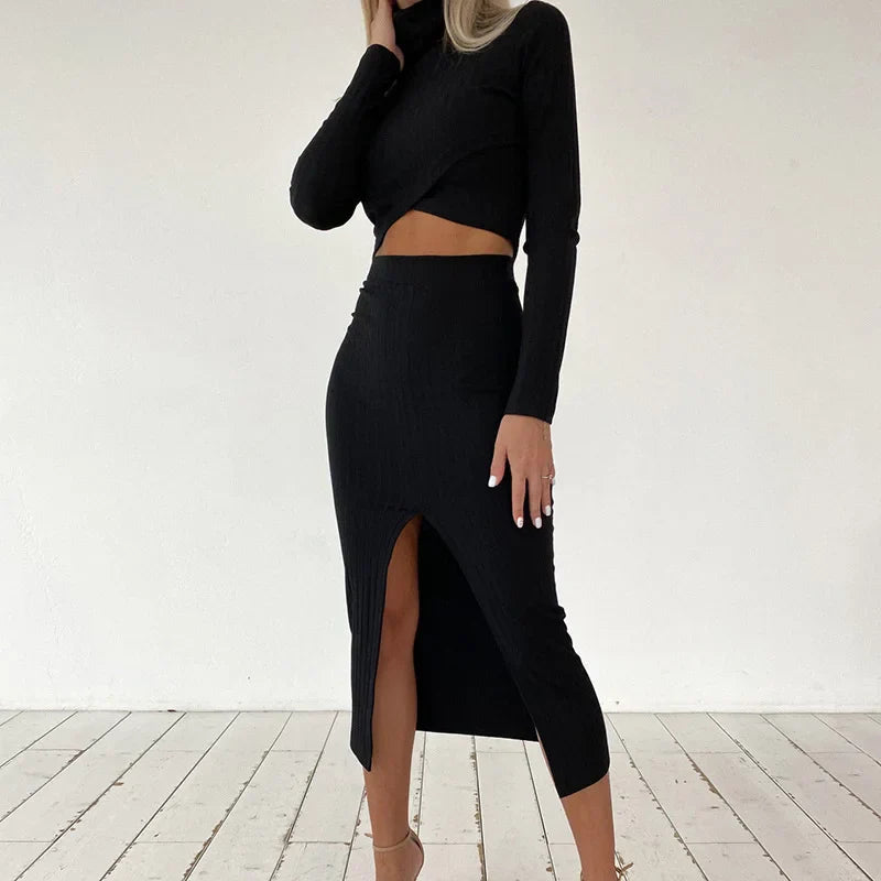 Casual Jumpsuit with Long Sleeve High Neck and High-Waist Skirt with Split