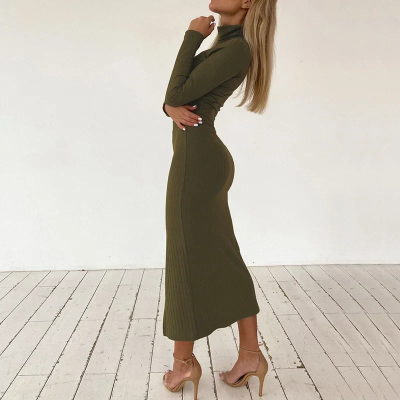 Casual Jumpsuit with Long Sleeve High Neck and High-Waist Skirt with Split