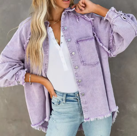 Jenny - Women's Long Sleeve Denim Cardigan with Folded Collar