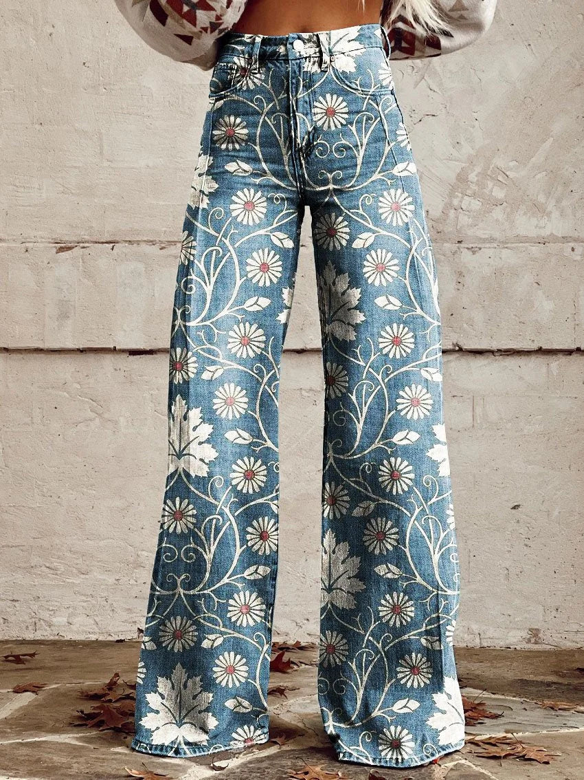 Flowy - Casual Trousers with Wide Legs and Vintage Print