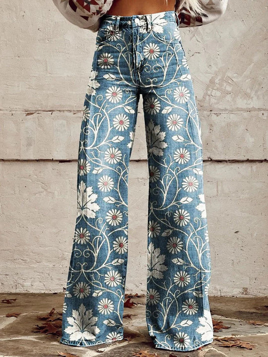 Flowy - Casual Trousers with Wide Legs and Vintage Print