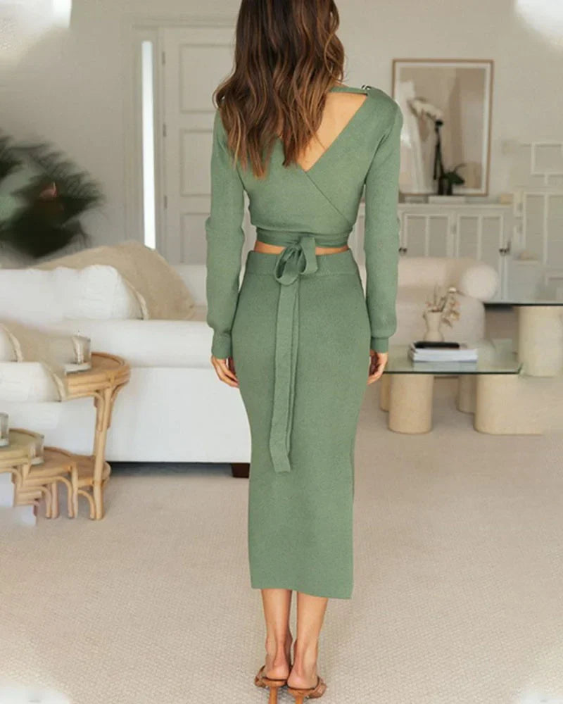 Two-Piece Elegant and Simple Skirt and Sweater Set