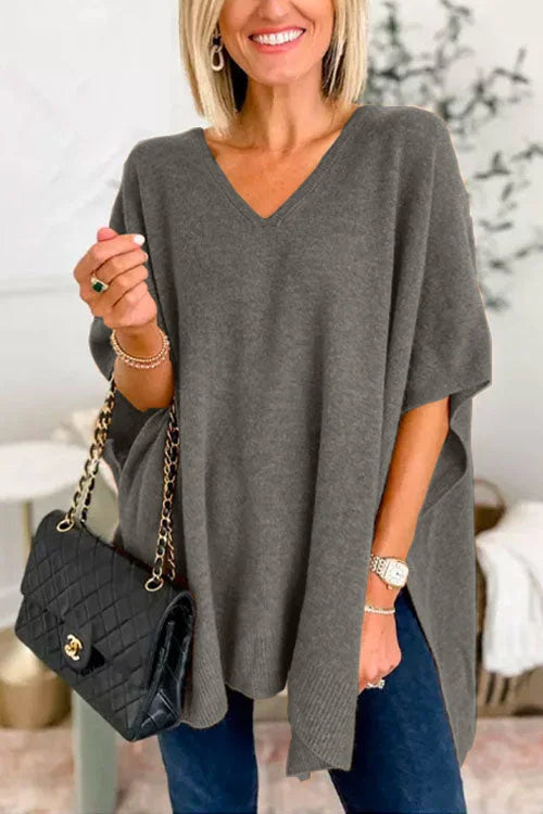 Solid V-Neck Poncho Sweater with Elegant Loose Fit