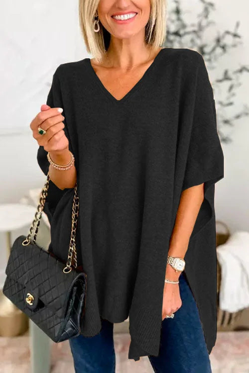 Solid V-Neck Poncho Sweater with Elegant Loose Fit