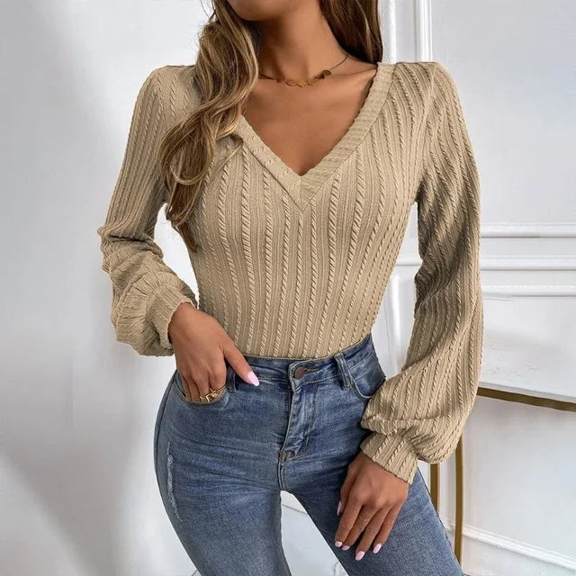 Khaki Slim Fit Twisted Knitted Sweater for Women