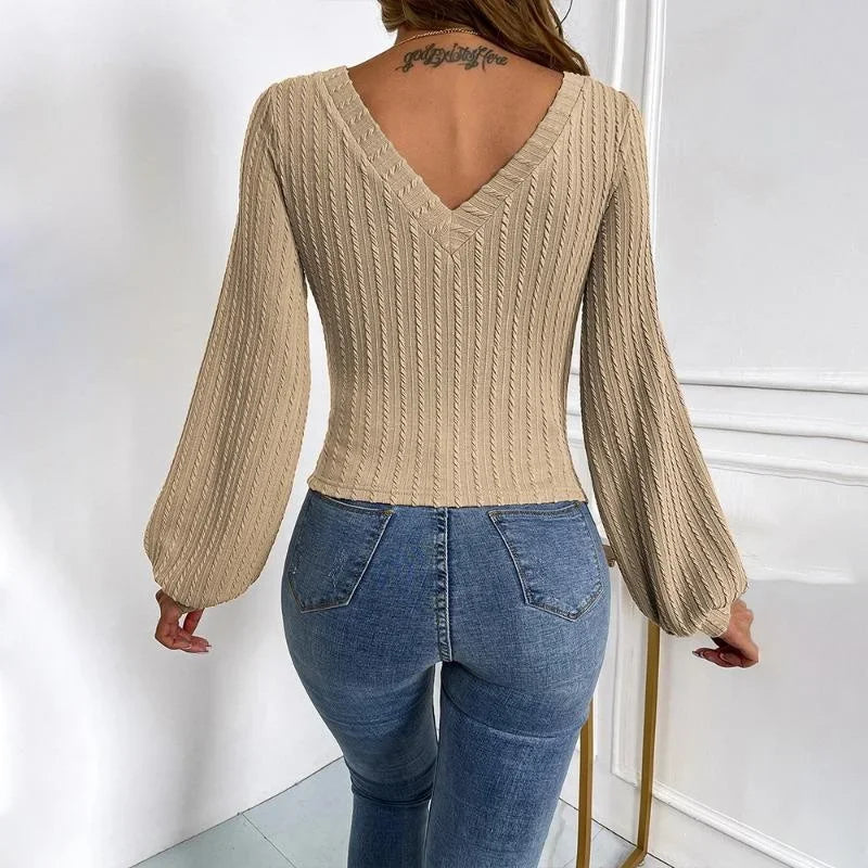 Khaki Slim Fit Twisted Knitted Sweater for Women