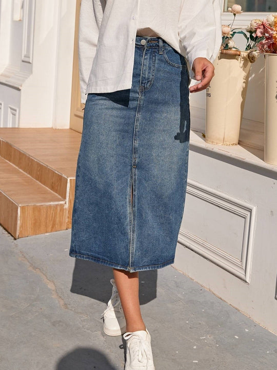 High Waist Long Denim Skirt