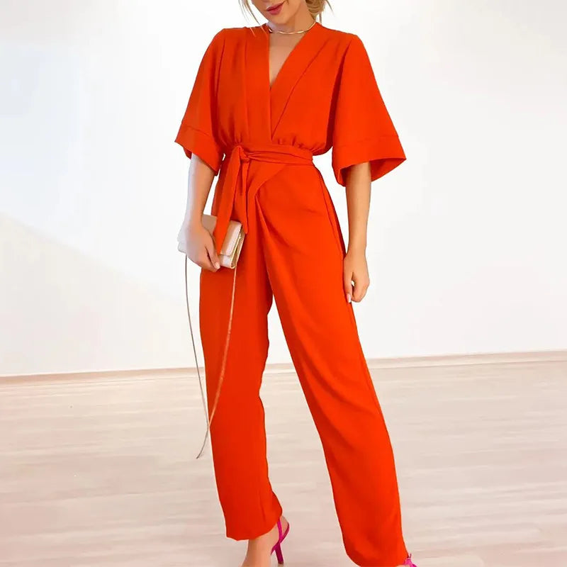 World Of Women - Plain jumpsuit with V-neck and short sleeves