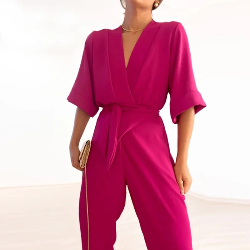 World Of Women - Plain jumpsuit with V-neck and short sleeves