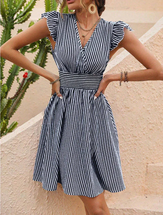 Stylish Striped Dress with Ruffles Sleeves