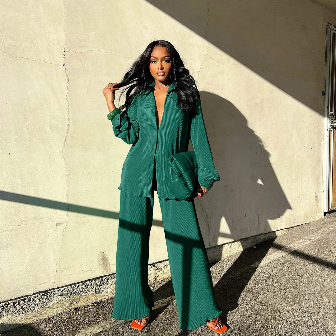 Tess - Women's 2-Piece Set | Long Sleeve Oversized Shirt and Wide Leg Pants