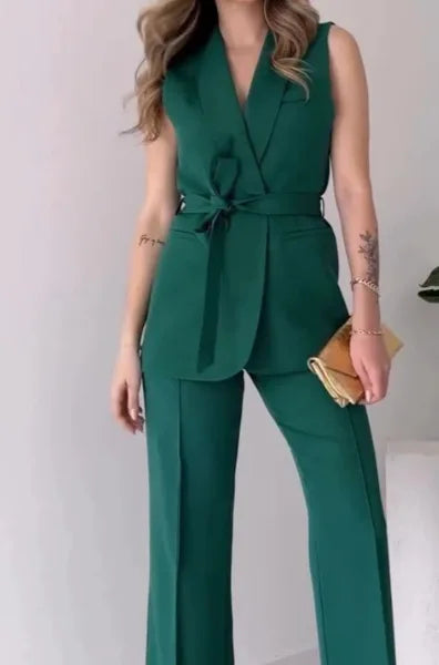 Jess - Elegant 2-Piece Sleeveless Top and Long Pants Set Solid Color Slim Set Women Party Outfit