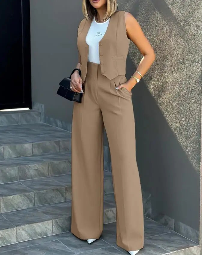 Jessica - Elegant 2-Piece Sleeveless Top and High Waist Pants Set