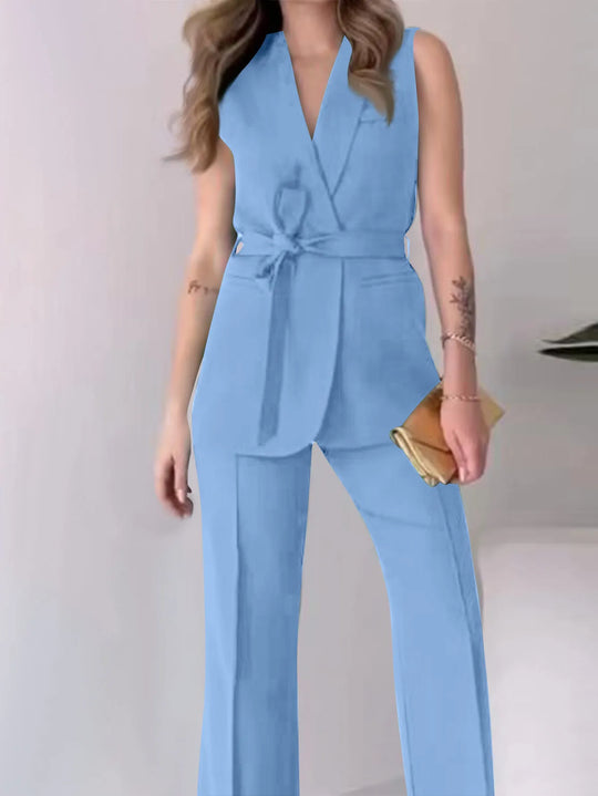 Jess - Elegant 2-Piece Sleeveless Top and Long Pants Set Solid Color Slim Set Women Party Outfit