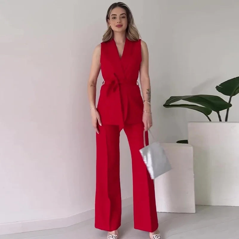 Jess - Elegant 2-Piece Sleeveless Top and Long Pants Set Solid Color Slim Set Women Party Outfit