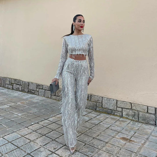 Jessy – Elegant Fringe Sequin Crop Top and Wide-Leg Pants Set