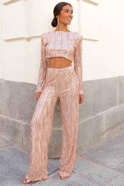 Jessy – Elegant Fringe Sequin Crop Top and Wide-Leg Pants Set