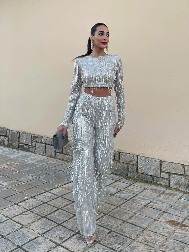 Jessy – Elegant Fringe Sequin Crop Top and Wide-Leg Pants Set