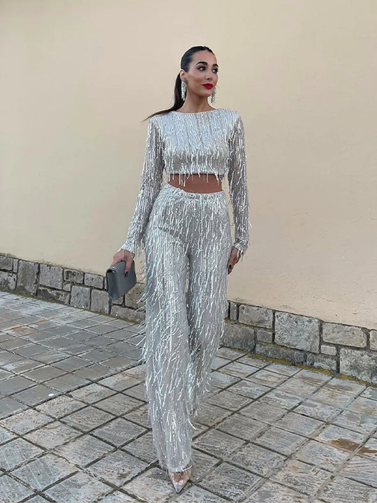 Jessy – Elegant Fringe Sequin Crop Top and Wide-Leg Pants Set