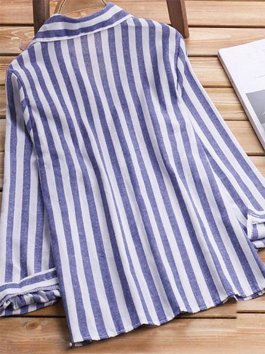 Elegant Blue Striped Lapel Blouse Women's Top