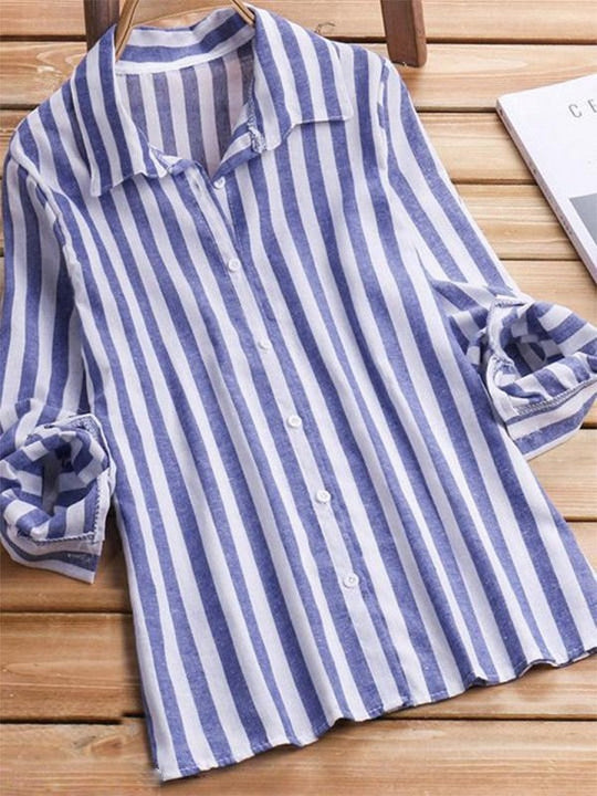 Elegant Blue Striped Lapel Blouse Women's Top