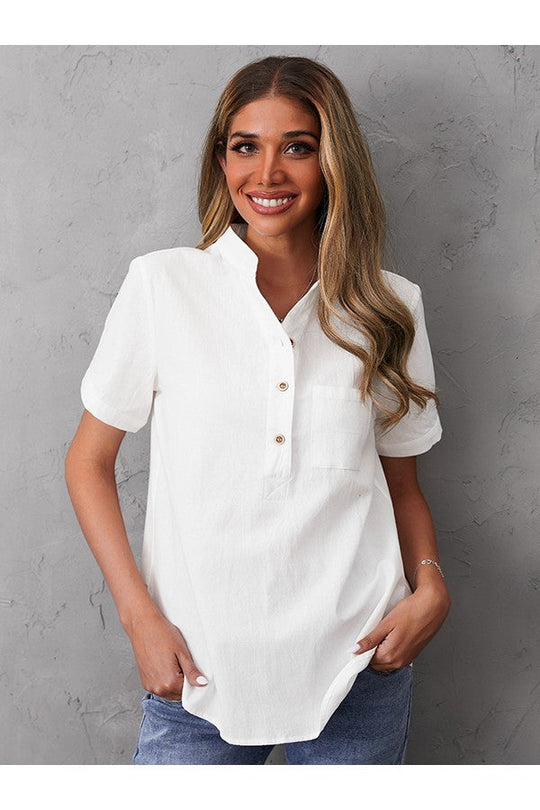 Women's Cotton Blouse with Buttons and Loose Stand-Up Collar