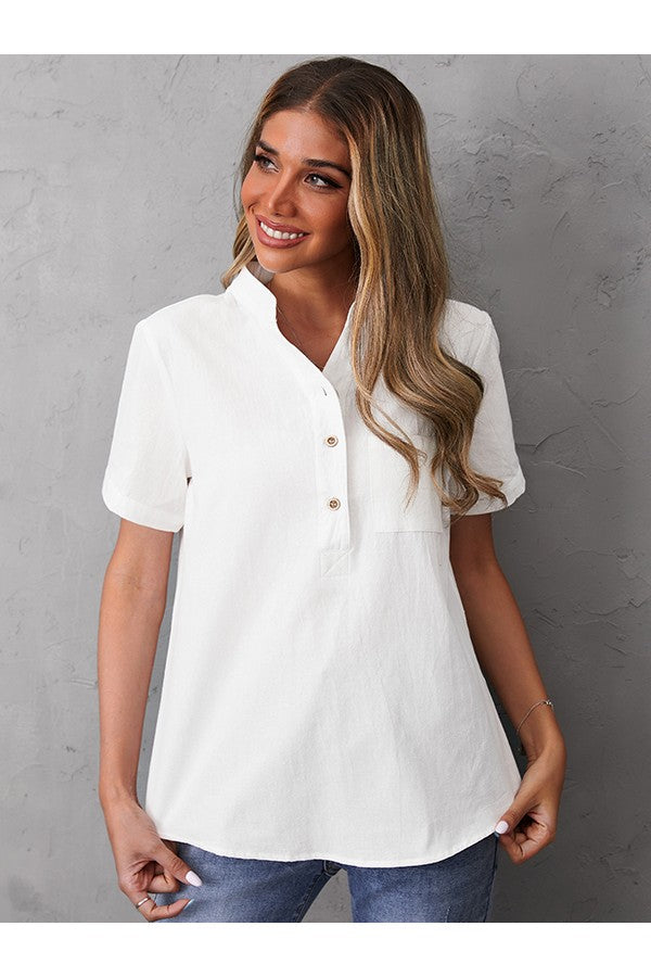 Women's Cotton Blouse with Buttons and Loose Stand-Up Collar