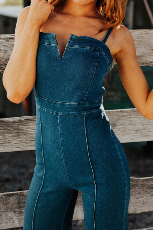 Denim Jumpsuit with Wide Legs and Retro Tube Top Bodice