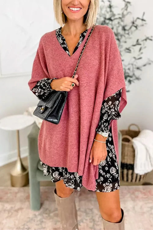 Solid V-Neck Poncho Sweater with Elegant Loose Fit