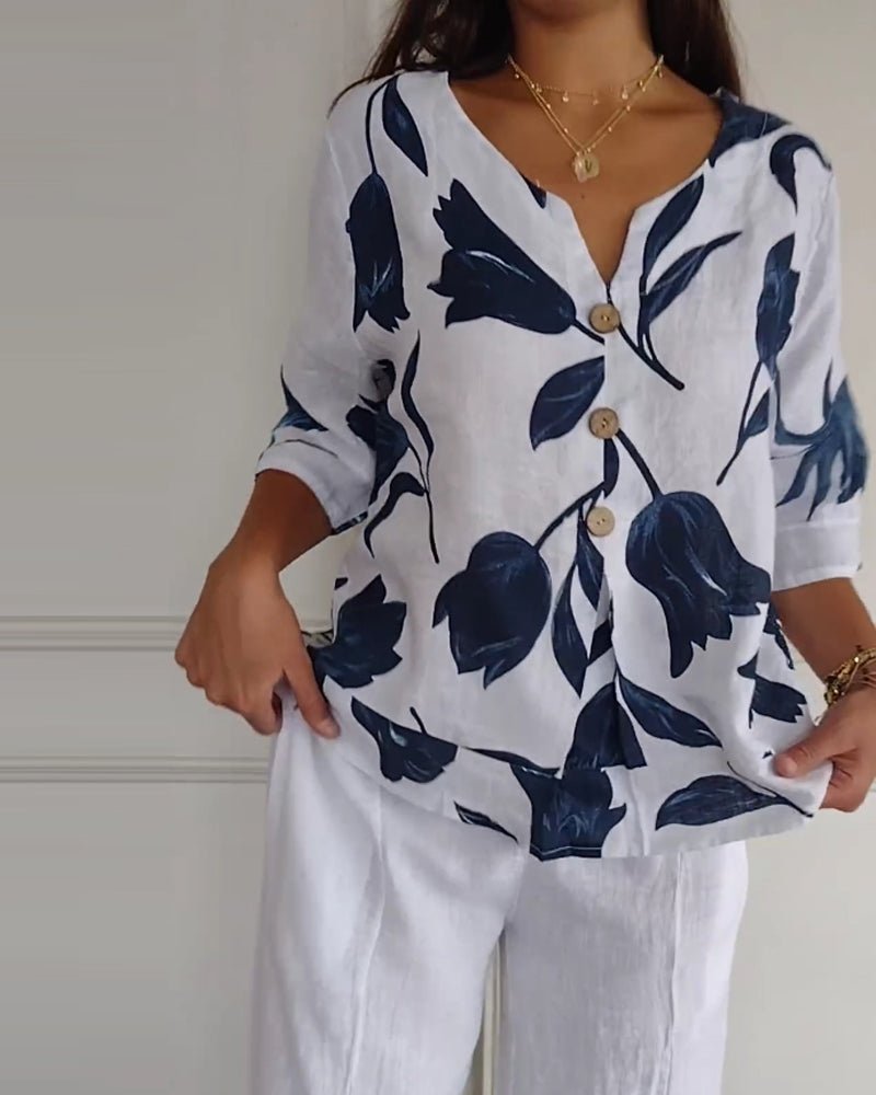 White Cotton-Linen Floral Top