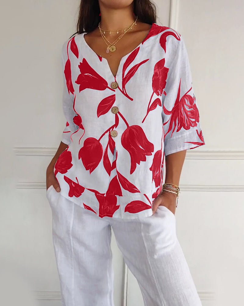 White Cotton-Linen Floral Top