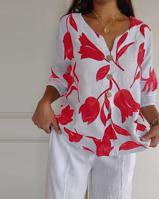 White Cotton-Linen Floral Top