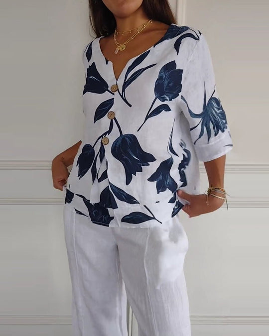 White Cotton-Linen Floral Top