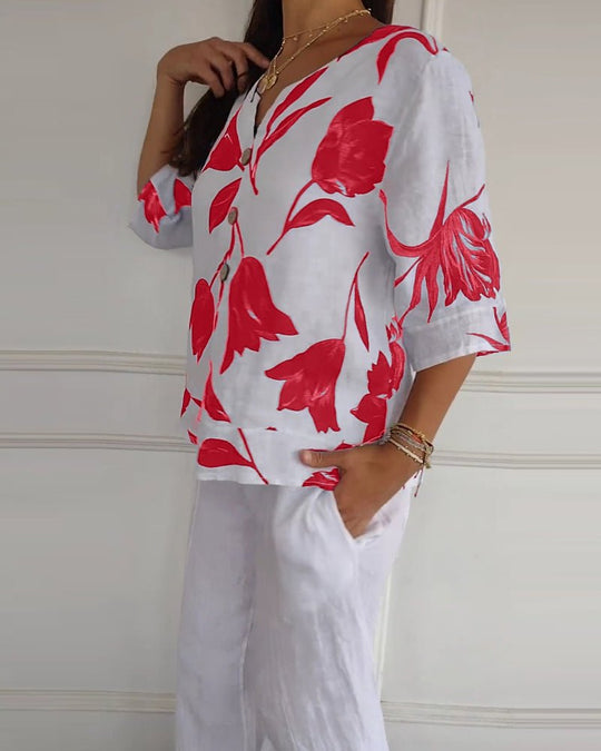 White Cotton-Linen Floral Top