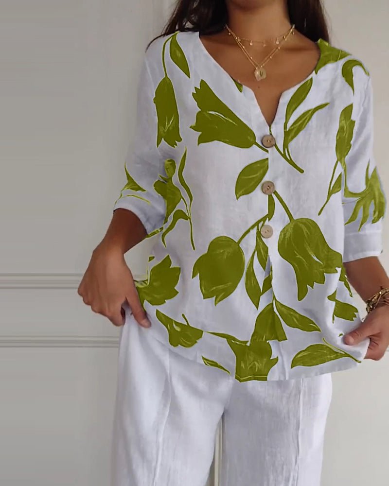 White Cotton-Linen Floral Top