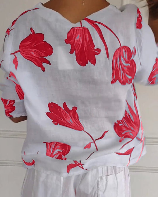 White Cotton-Linen Floral Top