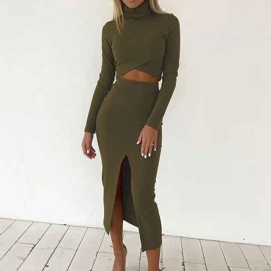 Casual Jumpsuit with Long Sleeve High Neck and High-Waist Skirt with Split