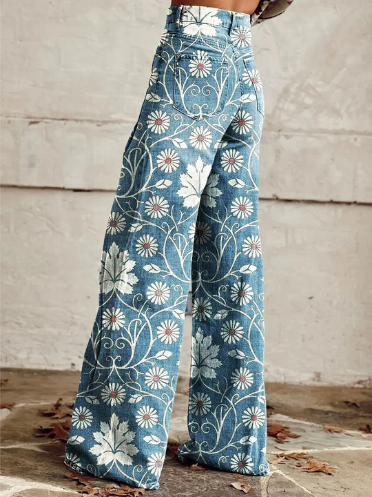 Flowy - Casual Trousers with Wide Legs and Vintage Print