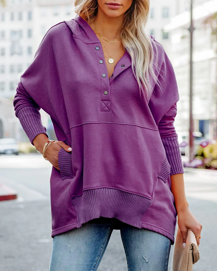 Jaelynn - Casual Sweatshirt with Slim V-Neck and Button Closure