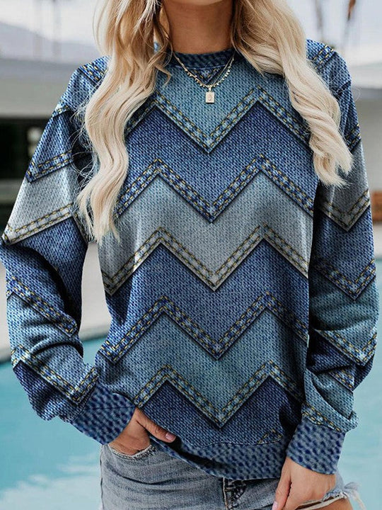 Roxy - Round Crew Neck Long-Sleeved Sweater with Geometric Print